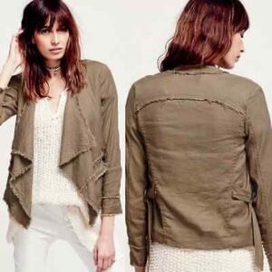 Free People Tan Waterfall Open Front Linen Buckle Raw Femme Jacket